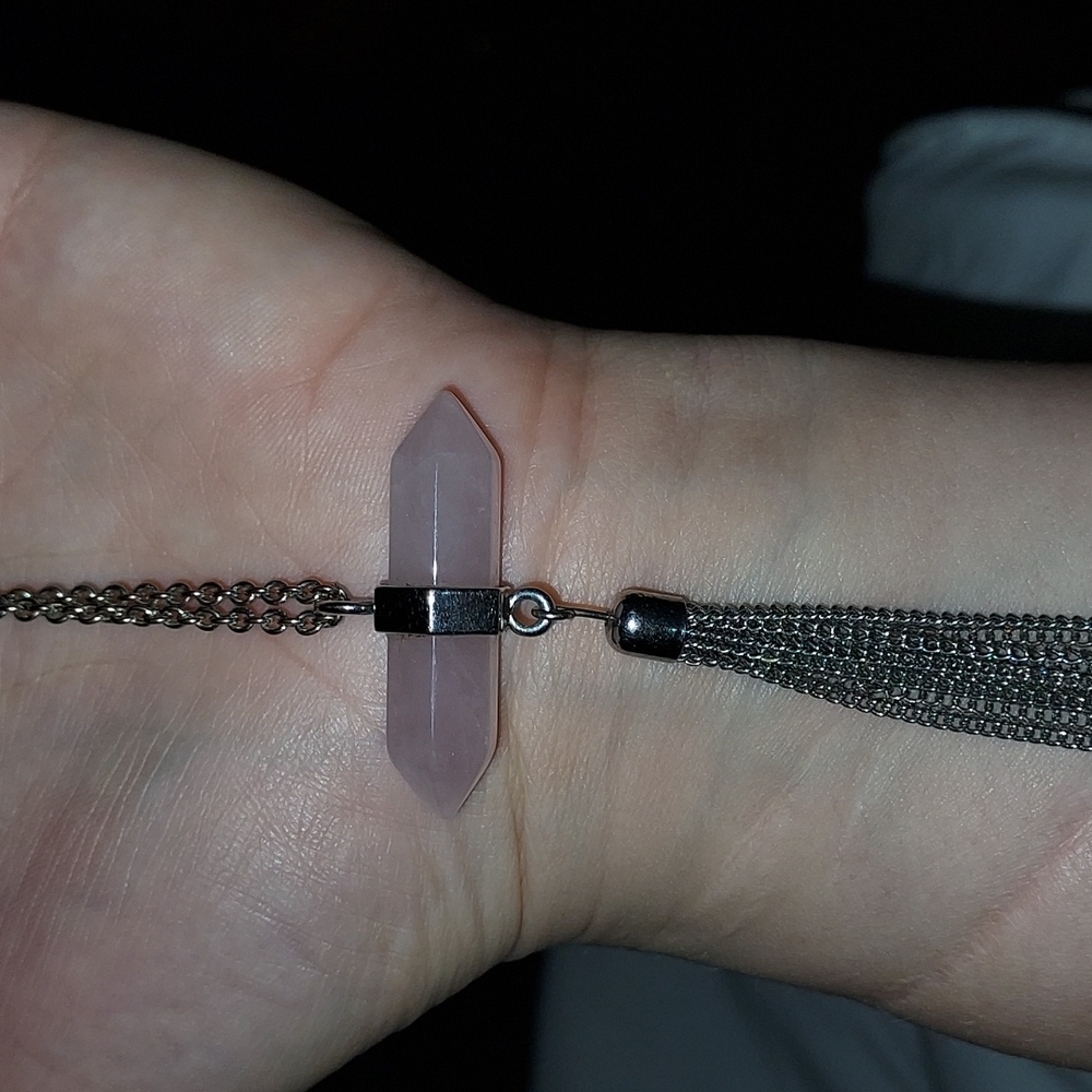 Rose quartz pendant with metal tassles